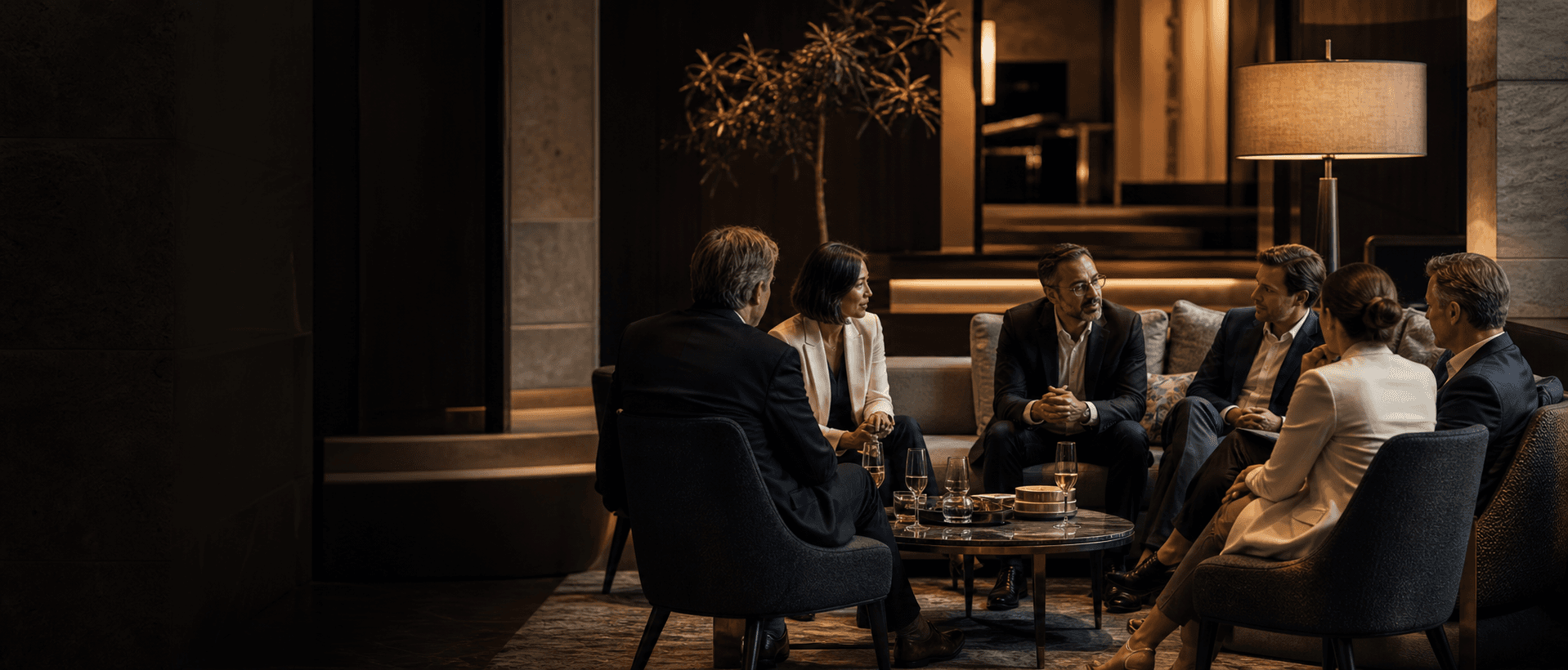Dirigeants réunis dans le salon privé d’un hôtel haut de gamme